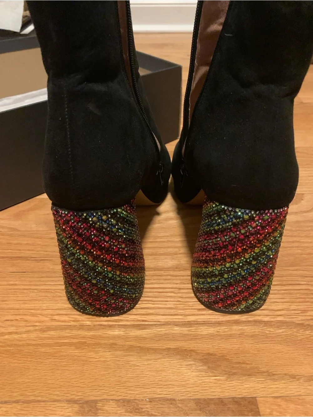 Betsey Johnson Black Suede Ankle Boots with Rainbow Crystal Block Heel